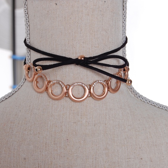 Rose Gold Layered Wrap Choker Necklace Pavé Circle - Picture 4 of 6